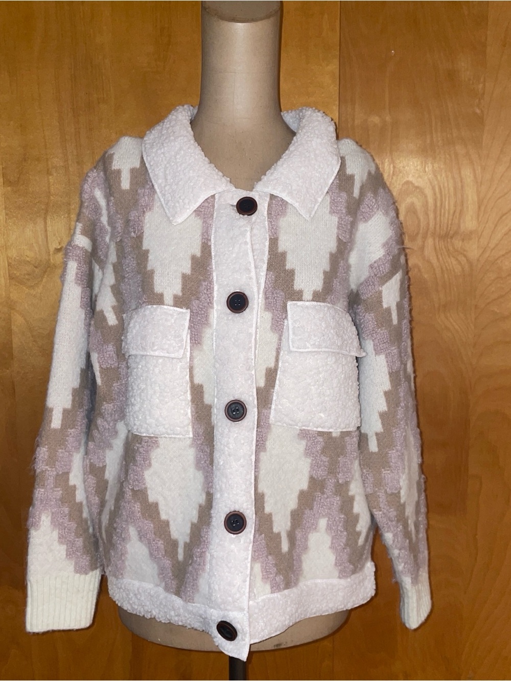 Lush Beige & White Patterned Sherpa Jacket